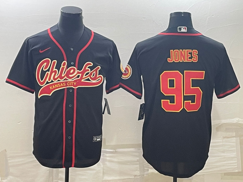 Men's Kansas City Chiefs #95 Chris Jones Black With Patch Cool Base Stitched Baseball Jersey